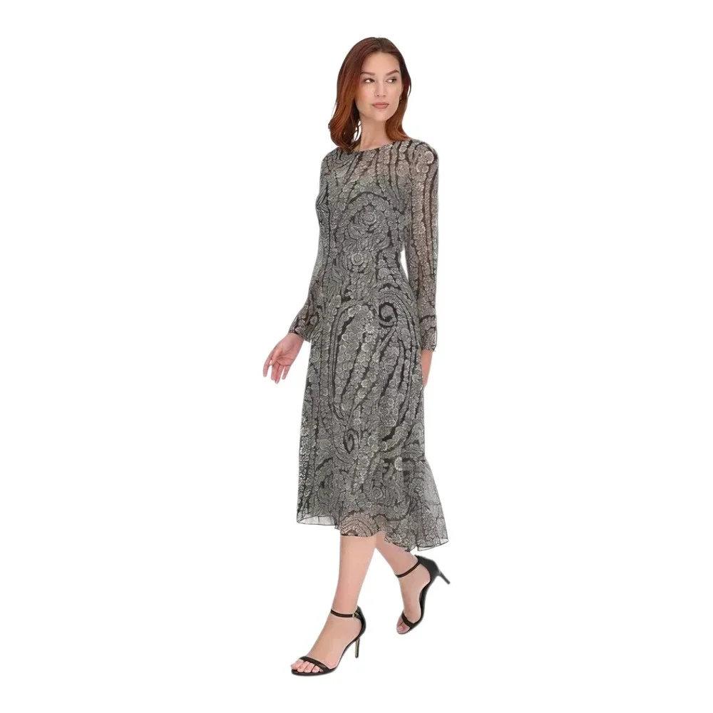Tommy Hilfiger Black Floral Chiffon Long-Sleeve Fit‎ & Flare Dress 6